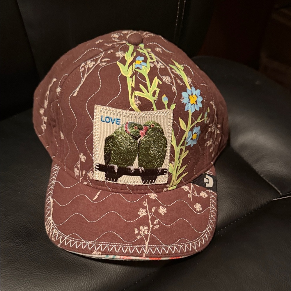 Brown Embroidered Floral Hat